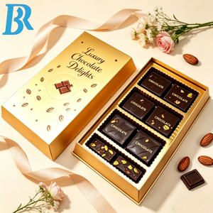 Boîte cadeau en papier chocolaté avec logo personnalisé, dorure or luxe, avec plateau intérieur, pour amandes et mini-crêpes de qualité supérieure. - Product Image 1