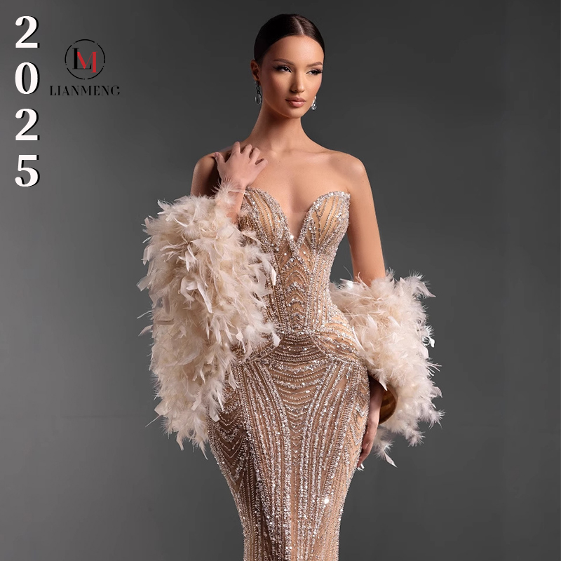 chinese dress ladies Feather Embellished Sequin Long Party Dress with Tail 42 main image 1