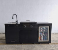 Isla de Cocina Modular de Acero Inoxidable para Exteriores, Estación de Asado Teppanyaki a Gas con Fregadero, Almacenamiento y Nevera para Vino, para Cocinar al Aire Libre