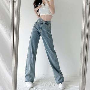 Wholesale New Fashion Women Denim <b>Jeans</b> Slant Waist Button Wide Leg Straight Retro Trousers Pants Girls Casual <b>Jeans</b> J0184 - Product Image 3