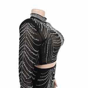 Ensemble deux pièces de luxe pour femme, de marque célèbre, avec broderie de créateur, en gaze à strass, à manches longues, pour soirée et club - Product Image 6