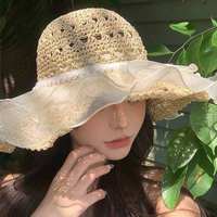Sombrero de Paja con Encaje Japonés para Mujer, de Ala Ancha, para Verano, que Estiliza el Rostro, para Vacaciones en la Playa, con Protección UV