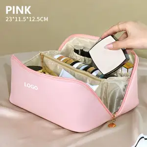 Bolsa de maquillaje cosmético de cuero PU de gran capacidad con logotipo personalizado de viaje impermeable al por mayor con cremallera