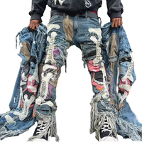 DIZNEW Jeans en denim skinny personnalisés pour hommes, style streetwear, effet déchiré, imprimé appliqué bleu, pantalon pour hommes