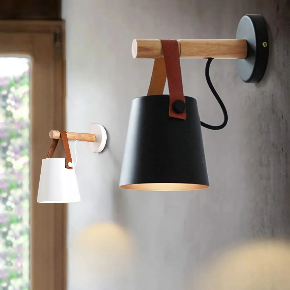 Modern Minimalist Macaron Wall Lamp Wood Leather Belt Iron Art Led Wall Lamps For Decoration Wall Lighting