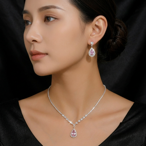 Parure Collier et Boucles d'Oreilles en Zircon Vert, Motif Goutte d'Eau, Bijoux Coréens pour Mariage et Fêtes, Cadeau de Fiançailles, en Laiton - Product Image 3