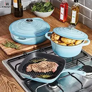 Cast Iron Cookware Set Soup Pot Kitchen Stock Pot Set Blue Customized Logo