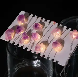 天然粗玫瑰石英LED电池操作仙女石水晶USB灯串
