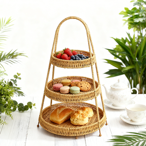 Nouveau panier de rangement en plastique tressé <span class=keywords><strong>fait</strong></span> à la <span class=keywords><strong>main</strong></span>, durable, <span class=keywords><strong>lavable</strong></span>, multi-couches, pour collations, trois étages - Product Image 6