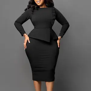 Moda ofis OL resmi elbise kadın 2023 yeni yuvarlak boyun fırfır kalça Wrap İş parti Midi kalem elbiseler afrika kadınlar