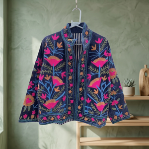 Custom Luxury Handmade Floral Embroidery <b>Velvet</b> <b>Jacket</b> <b>Women</b> Retro Designer Short Coats Stand Collar Open Front Boho Casual - Product Image 4