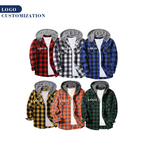 Printemps Automne Garçons Flanelle Chemises À Capuche Manches Longues Boutonnée Plaid Hoodies - Product Image 1