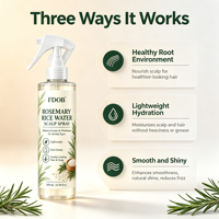 Semprotan Air Beras Rosemary 200ml, Mist Penutrisi Akar Rambut Tanpa Bilas, Ringan Tidak Berminyak Untuk Pemakaian Sehari-hari, OEM ODM Label Pribadi
