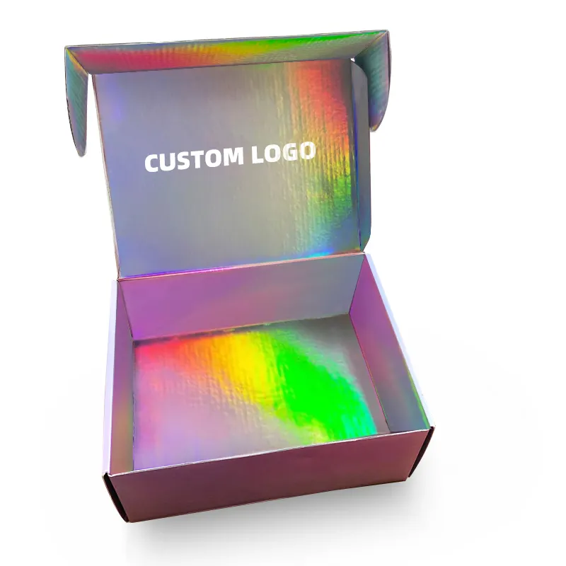 Özel baskılı beyaz pembe mor holografik degrade güzellik takı hediye ambalaj mailler kargo posta oluklu kutu
