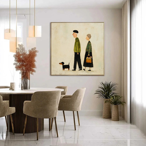 Charming Figurative Art <b>Print</b> of Elderly Couple Walking <b>with</b> Dog Canvas Wall Decor Contemporary Style <b>Framed</b> Indoor Art - Product Image 2