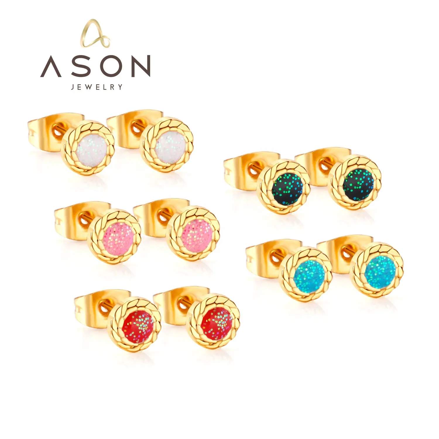 Brincos de aço inoxidável PVD 18K ouro fashion para meninas e mulheres, conjunto popular de joias com botões redondos e cores, joias Ason
