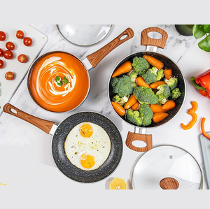 High Quality Modern Ceramic Marble Coated Pots <b>Pans</b> Wooden Soft Touch Handle 5-Piece Aluminum Cookware <b>Set</b> Glass Cover - Product Image 3