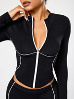 Veste de sport pour femme OEM HUCAI, taille plus, col montant, fermeture éclair intégrale, coutures contrastées blanches, fitness, gym, course à pied, yoga