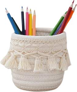 Cesta Tejida de <span class=keywords><strong>Cuerda</strong></span> de Algodón Estilo Nórdico, Mini Organizador de Escritorio de Macramé para Productos de Cuidado de la Piel, Contenedor Pequeño de Almacenamiento con Decoración de Flecos - Product Image 3