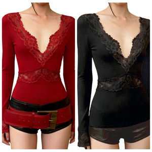 Women's Long <b>Sleeve</b> T-Shirt 2025 Fall Winter High Quality <b>Lace</b> Panel Floral Print V-Neck Slim Fit Base Layer Top Anti-UV Quick - Product Image 1