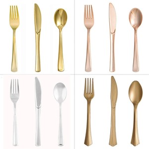 공장 저가 고급 일회용 금색 수저 세트, 파티/웨딩용 금색 플라스틱 식기류 - Product Image 2