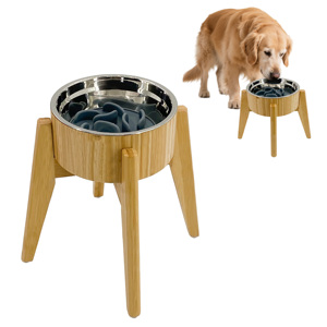 Cuenco elevado <span class=keywords><strong>de</strong></span> bambú para mascotas con certificación <span class=keywords><strong>de</strong></span> calidad, soporte grande para cuenco <span class=keywords><strong>de</strong></span> comida lenta para perros con cuenco <span class=keywords><strong>de</strong></span> acero inoxidable para uso en la cocina - Product Image 1