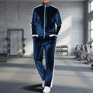 <b>Men's</b> Navy Blue <b>Velvet</b> Tracksuit Set Color Block Zip Up <b>Jacket</b> Long Pants Sporty Outfit - Product Image 3