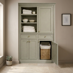 Armoire de salle de bain intégrée vert sauge, meuble haut pour linge avec panier à linge dissimulé - Product Image 3