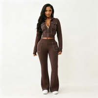 Ensemble de survêtement 2 pièces pour femme avec veste courte zippée à capuche et pantalon évasé taille haute, style décontracté et contrastant