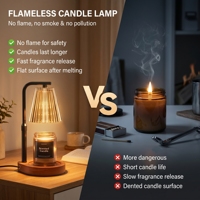 Lampe chauffe-cire sans fumée ni flamme, réglable en hauteur, avec bras en métal noir et verre côtelé, base incurvée en bois de noyer antidérapante