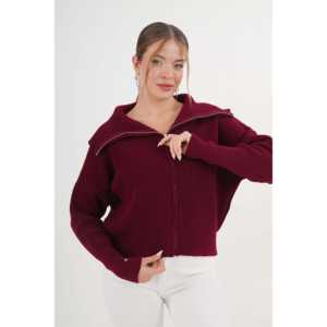 Cárdigan de Punto Borgoña para Mujer, con Cierre, Cuello Alto, Casual, Antipilling, Estilo Simple y Moderno - Product Image 3