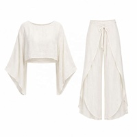 Ensemble Femme Personnalisé en Usine, Nouvelle Collection Été 2025 : Chemise en Lin Tendance et Pantalon à Taille Élastique avec Volants Latéraux