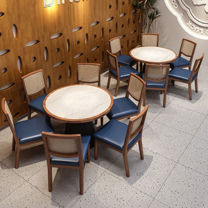 Set di Sedute per Ristorante Commerciale con Sedie e Divanetti in Legno, Tavolo con Piano in Marmo e Sedie Imbottite Blu per Bistrot e Caffè - Product Image 3