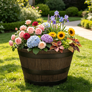 Maceta de Plástico con Imitación de <span class=keywords><strong>Madera</strong></span>, Decorativa para Hogar y Jardín, Maceta Tipo Barril - Product Image 4