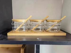 Boho! Plateau en bois rond, cuillère pratique, couvercle hermtique, aide au restaurant, bocaux de rangement en verre pour épices miel pots - Product Image 4