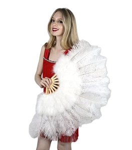 Éventail Pliant en Plumes d'Autruche Blanches de 33 cm, Style Art Populaire, en Bambou avec Décoration Florale, Idéal pour la Danse et les Mariages - Grande Vente - Product Image 1