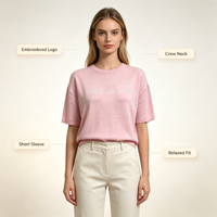 Pull décontracté brodé de haute qualité pour femme, col rond, manches courtes, couleur rose, coupe ajustée, vente en gros, OEM & ODM Theodore