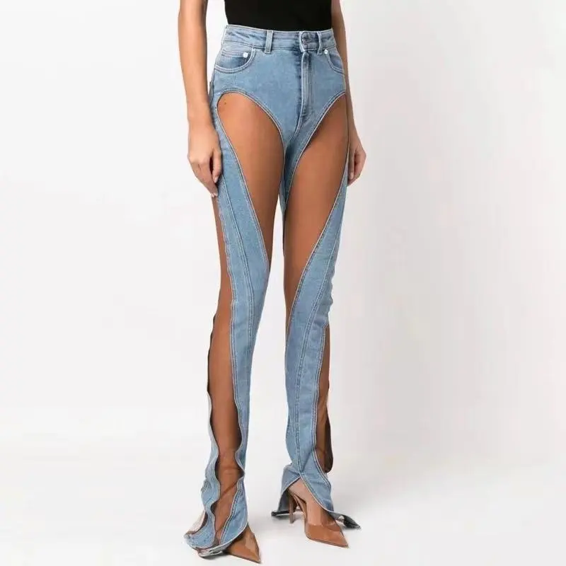 Роскошные Дизайнерские сетчатые джинсовые брюки 2023, новые модные сексуальные лоскутные джинсы для женщин