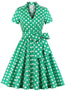 Robe trapèze vintage à pois pour femme, manches courtes, col à revers, ceinture, longueur midi, en polyester tissé, décontractée pour le quotidien - Product Image 5