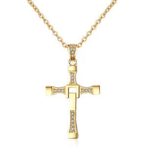 Collar de cadena de Cruz chapado en oro para hombre, joyería religiosa de diseño Simple, colgante de cruz de Jesús de cristal, collar de acero inoxidable