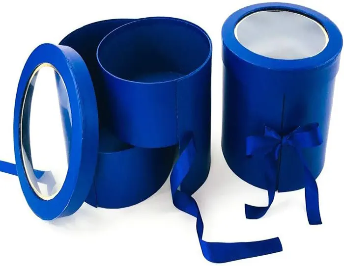 Custom Royal Blue Paper Bloemstukken Box Ronde Dubbele Lagen Roterende Bloembak Met Pvc Plastic Deksel En Lint