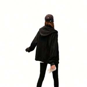 Sudadera de felpa francesa beige de color liso con bordado, ecológica, holgada, de manga larga, con media cremallera, oversize, para mujer, primavera - Product Image 4