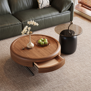 Wood <b>Round</b> Coffee <b>Table</b> Set <b>With</b> <b>Storage</b> For Living Room Modern Design - Product Image 3