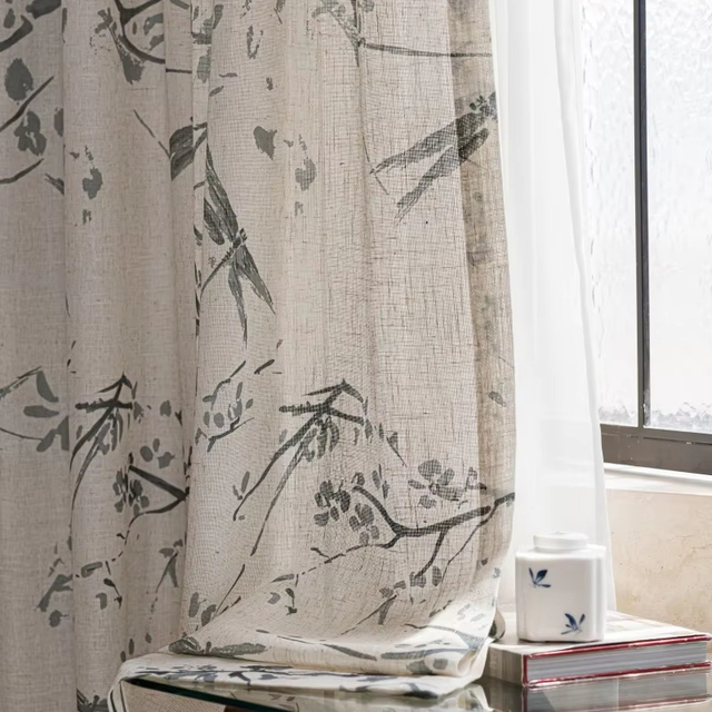 New Chinese-style High-end Sense Polyester Linen Sheer Fabric Digital Printing Ink Dragonfly Pattern Decorative Voile Fabric
