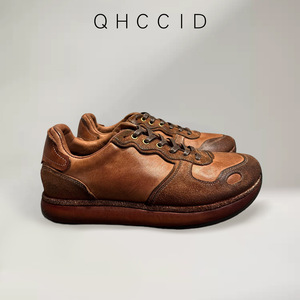 QHCCID Chaussures de marche décontractées pour hommes en cuir véritable marron, fabriquées à la main en Italie, en cuir de cheval, style rétro, avec amorti et talon bas - Product Image 3