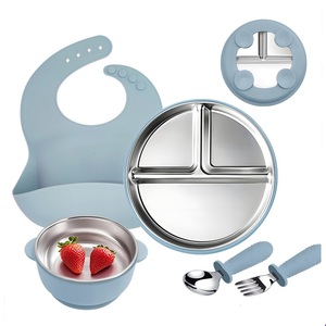 Eco Friendly Toddler Stainless Steel <b>Dinner</b> <b>Set</b> with Suction Cup Plate Bowl and Utensils for Self Feeding - Product Image 3
