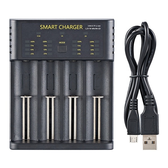 BMAX M04 Smart 10W USB Li-ion 18650 Rechargeable Battery Charger 4 Slots 3.7V 1.2V Ni-MH/Ni-CD Blue LED Protection 1 Year