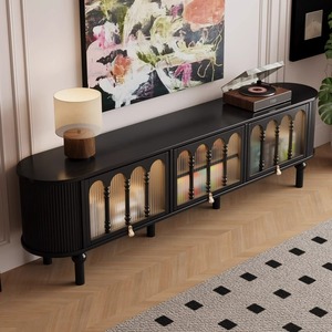 Weihang D01 Ripple TV Stand Black Solid Wood Storage <b>Cabinet</b> Living Room Furniture - Product Image 1