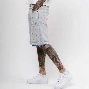 Hot Supplier Custom Luxury Rhinestone Denim Shorts Unisex Handmade Beaded Streetwear Vintage Acid Wash Shorts Wholesale TKAN834 - Product Image 4