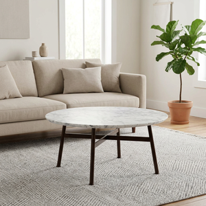 AK Brass Modern Round Iron Metal Coffee <b>Table</b> <b>Brown</b> Finish with Marble Top for Living Room Hotel Interior Furniture - Product Image 3